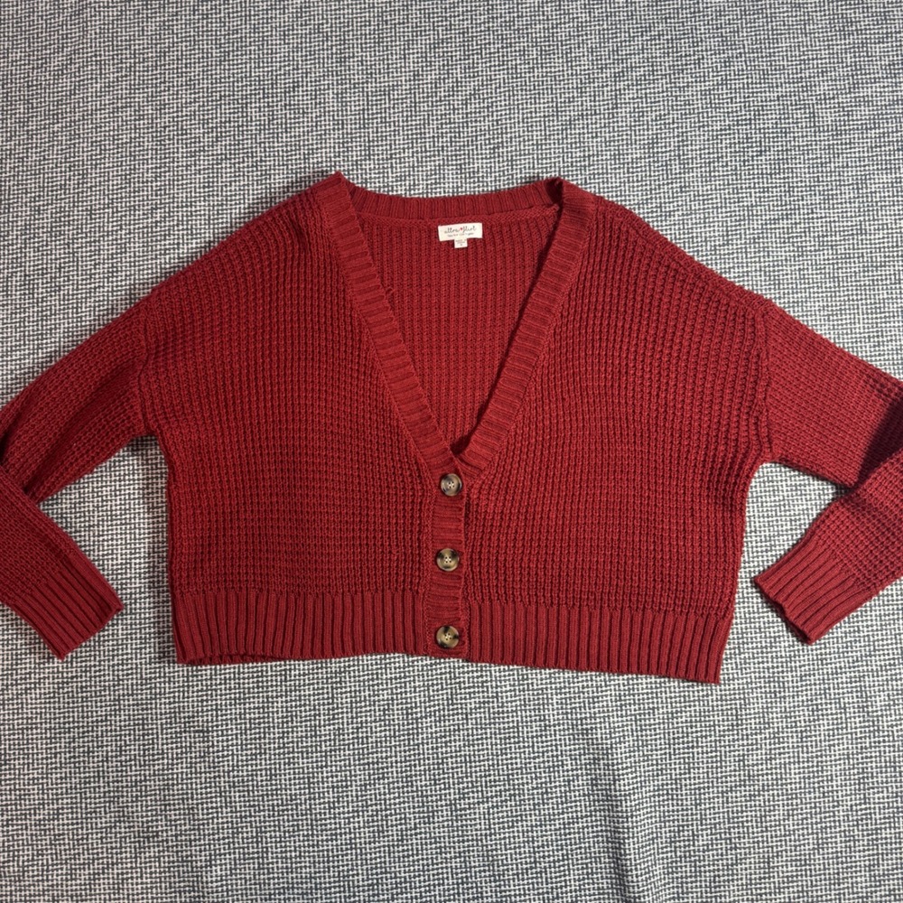 Ultra Flirt Womens Burgundy Waffle Knit Cropped V-Neck Cardigan Sweater Small